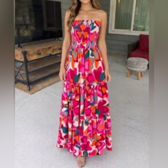 Abel The Label Dresses & Skirts - ABLE THE LABLE vibrant pink floral  strapless, tiered maxi Bandeau dress